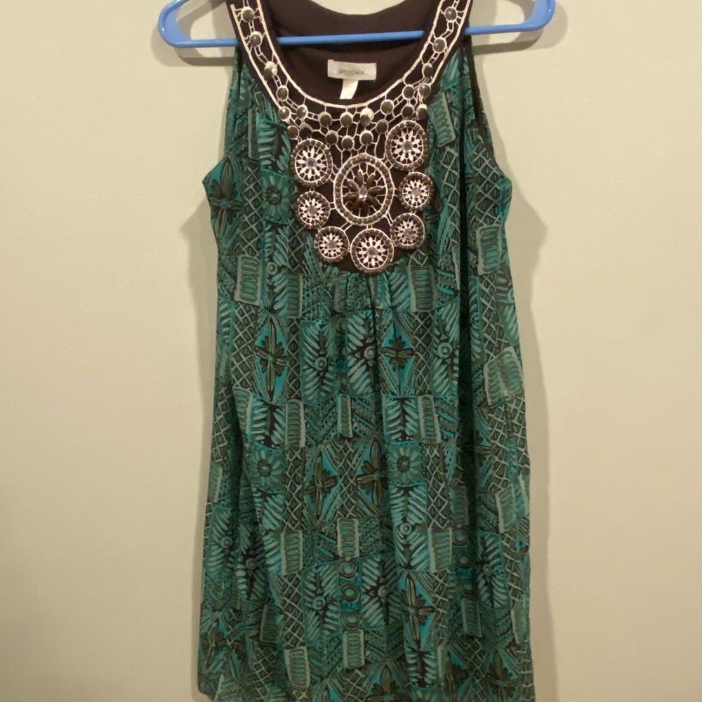 dressbarn Teal and Brown Patterned Mini Dress